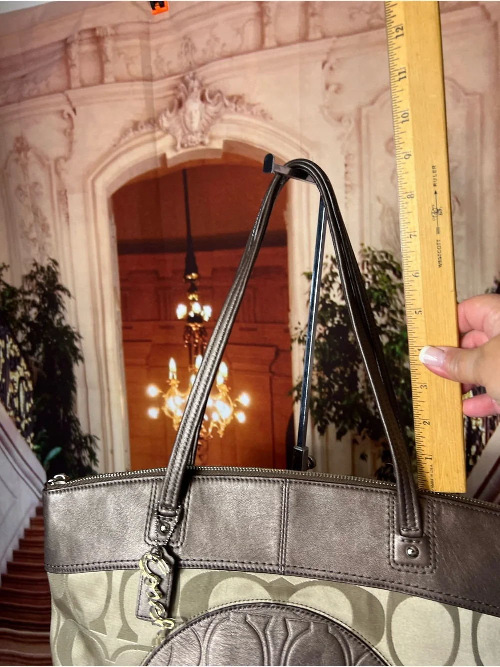 Coach Monogram Large Logo Tote Bag with Charms, Taupe Tan color